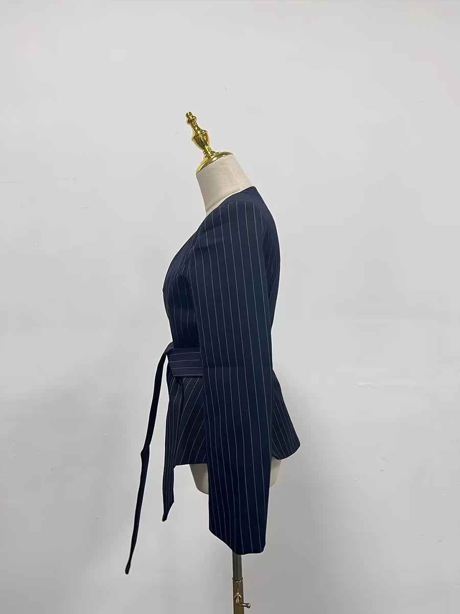 TWOTWINSTYLE Colorblock Striped Slimming Blazers For Women V Neck Long Sleeve Tunic Temperament Coats Female Fashion Clothes New