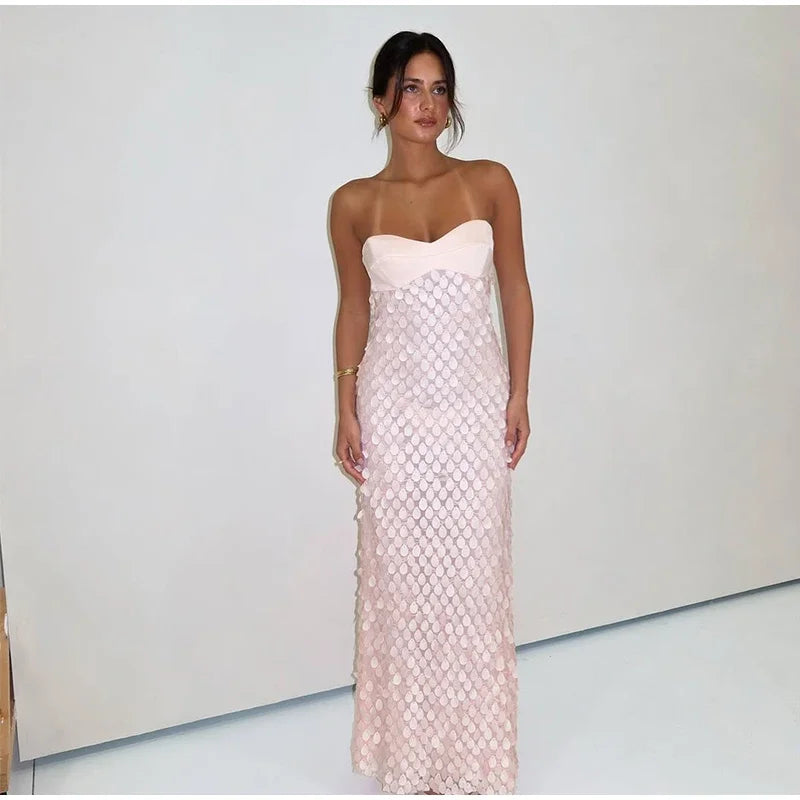Sexy Stain Long Dress Women Patchwork Solid Tube Top Sleeveless Party Dresses 2025 Summer Lady Slim Vacation Backless Robes