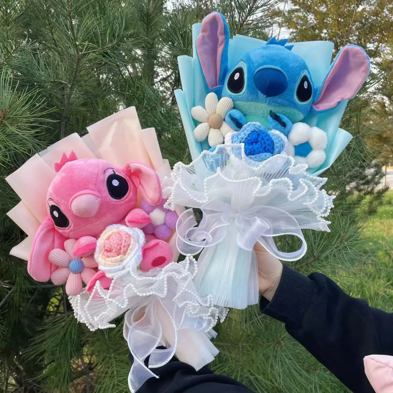 Catoon Stich Plush Doll Toy With Flowers Creative Handmade Bouquet Stuffed Animals Valentine Christmas Graduation Gift