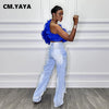 CM.YAYA Women Ruffles One Sleeve Skew Collar Tunic Blouse and Shirt Tops 2024 Summer Streetwear Night Club Party Beach Tops