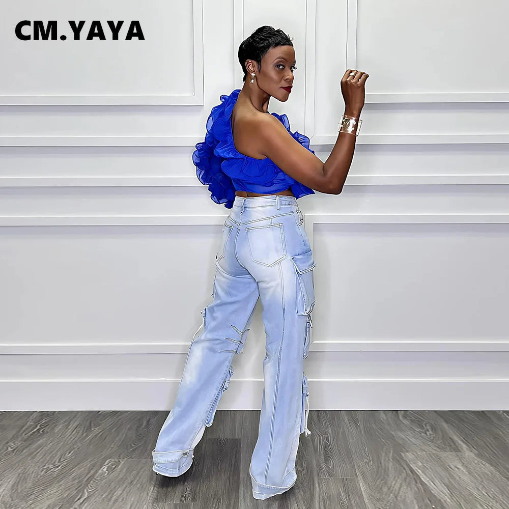 CM.YAYA Women Ruffles One Sleeve Skew Collar Tunic Blouse and Shirt Tops 2024 Summer Streetwear Night Club Party Beach Tops