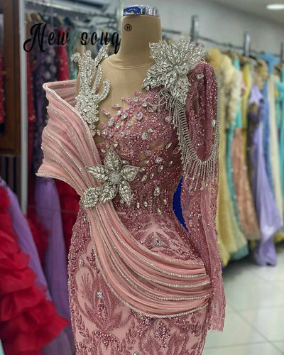 Vestidos De Fiesta Blush Pink Long Sleeve Prom Dresses Ruched Mermaid Beading Wedding Guest Dress Women Plus Size Customized