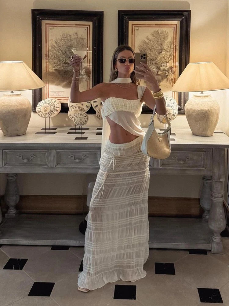 Weird Puss See Through 2-Piece Set Scarf Strapless Top Mesh Irregular Hem+Multi-Pleated Skirt Beach Party Matching Pretty Suits