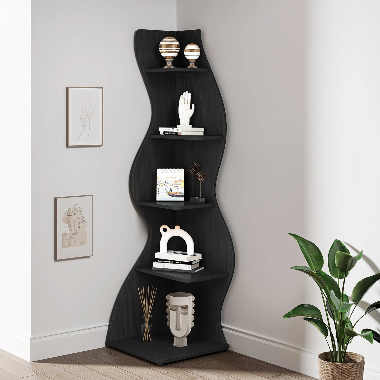 Tribesigns Corner Shelf, Modern 5-Tier Wall Corner Bookshelf, Stylish Corner Small Bookcase Storage Rack Plant Stand
