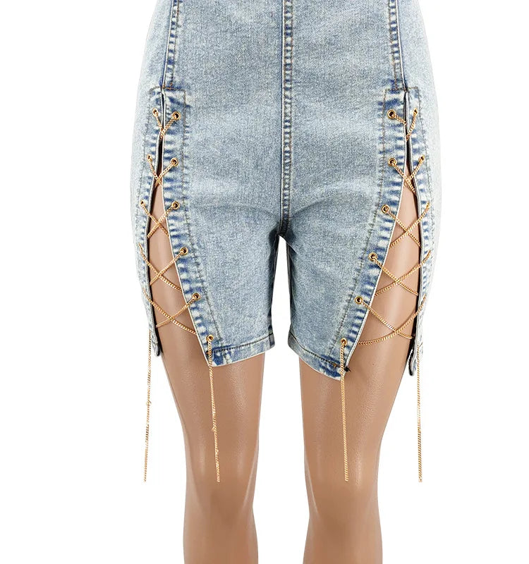 Rompers Women One Piece Elegant Splice Denim Jumpsuits Sexy Slim Fit Strapless Sleeveless Short Pants Sheath Playsuits
