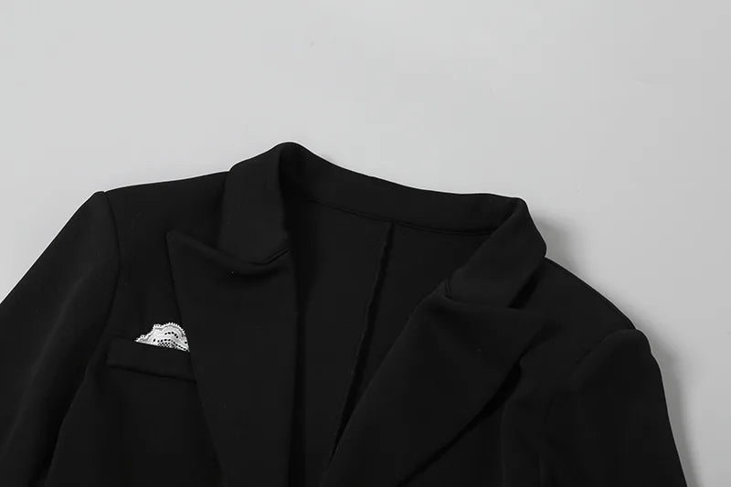 Joskaa Women Lace Patchwork Black Blazer Bodysuits Sexy Deep V-Neck Long Sleeve One Piece Rompers Coquette Midnight Clubwear