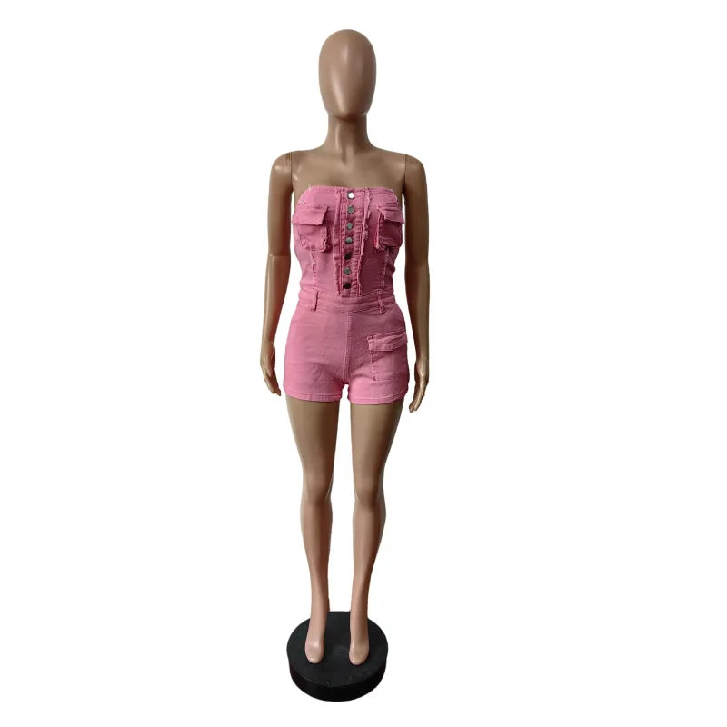FAGADOER Spring Summer New Sexy Backless Rompers for Women Solid Pocket Cargo Patchwork Jumpsuits Female Streetwear Overalls