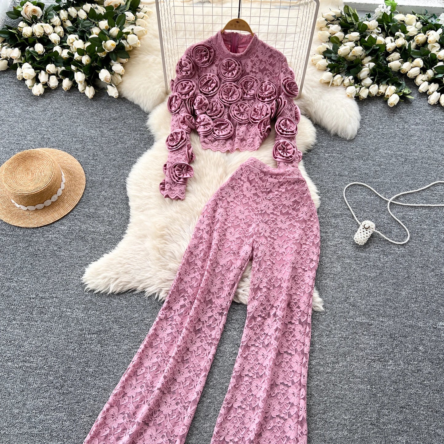 Women  Three-dimensional floral  loose T Shirt Bodycone Tops Female High Street Y2k Tops  Summer Two Piece Set