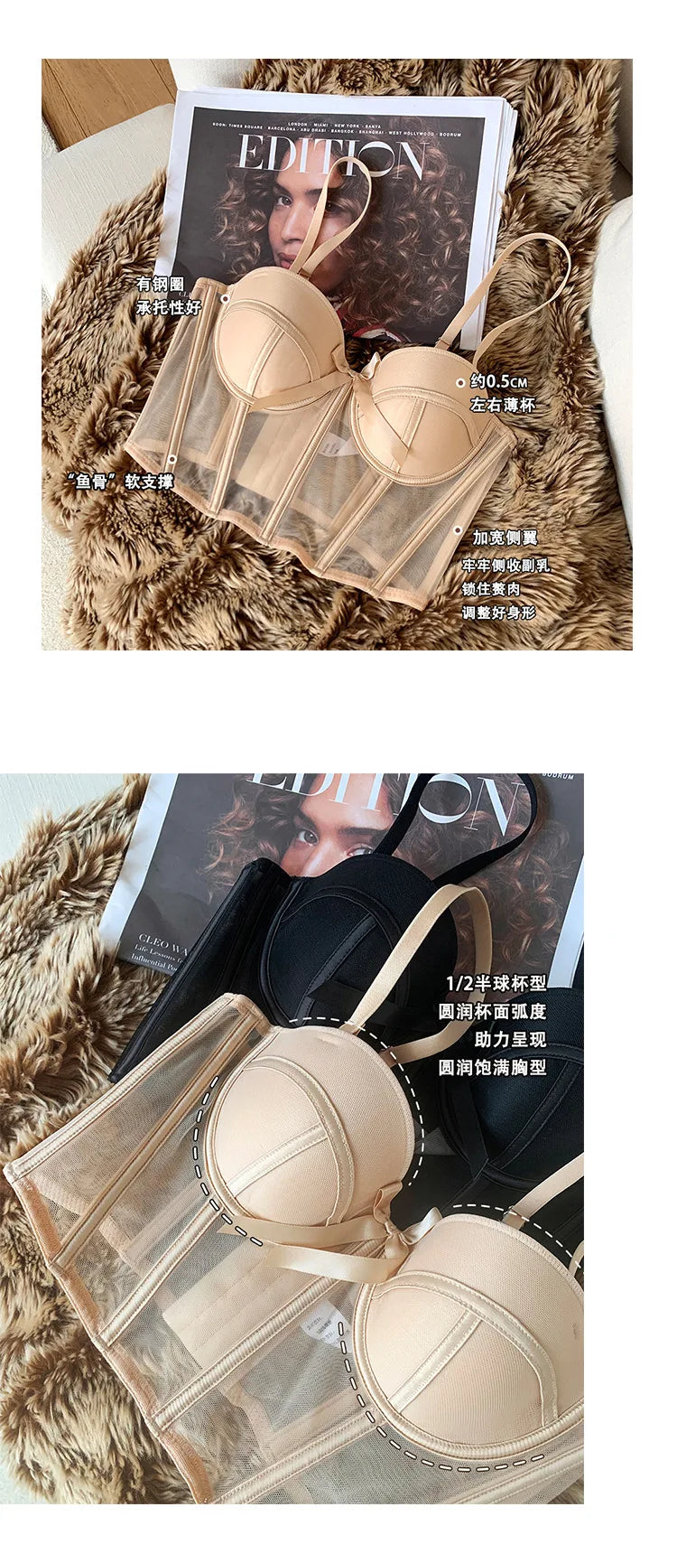 Lace Bra Sexy Mesh Underwear Women Hollow Out Shape Half Cup Soft Bralette Anti-sag Push Up Bow Thicken Women Underwear Set