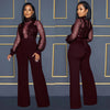 Fashion Women's Clothing Hollow Long-sleeved Loose Wide Leg Jumpsuits Overall Pants Solid Color Sexy Lace