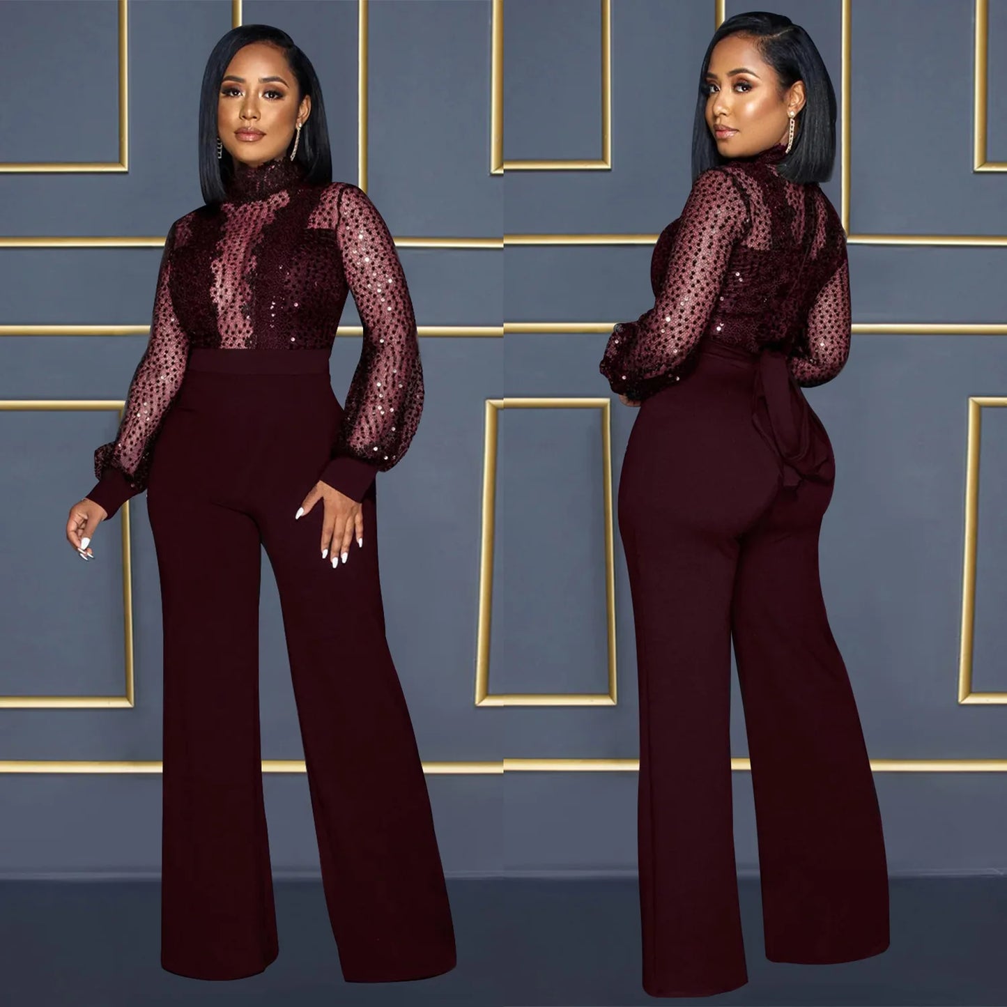 Fashion Women's Clothing Hollow Long-sleeved Loose Wide Leg Jumpsuits Overall Pants Solid Color Sexy Lace