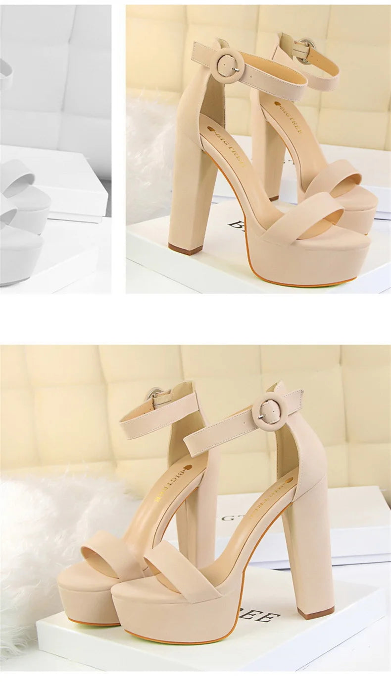 Fashion Women Pumps Sandals Summer Platform Belt Buckle Strap PU Square Heel Outdoor Korean Style Black Open Toe Grace 1550-1