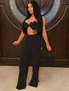 2022 Summer Women 2 Piece Set Floral Bra Tops and High Side Split Lace Up Wide Leg Pants Set Sweatsuit Tracksuit Outfits