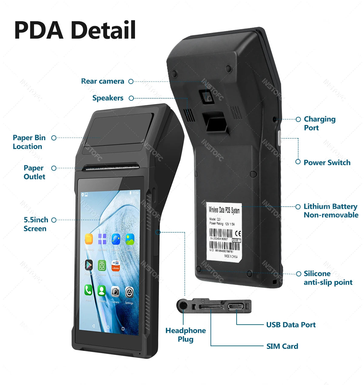 Handheld POS Receipt Printer for Android 8.1 1D 2D QR Barcode Scanner PDA Terminal Support 3G WiFi Touchscreen 58mm Width