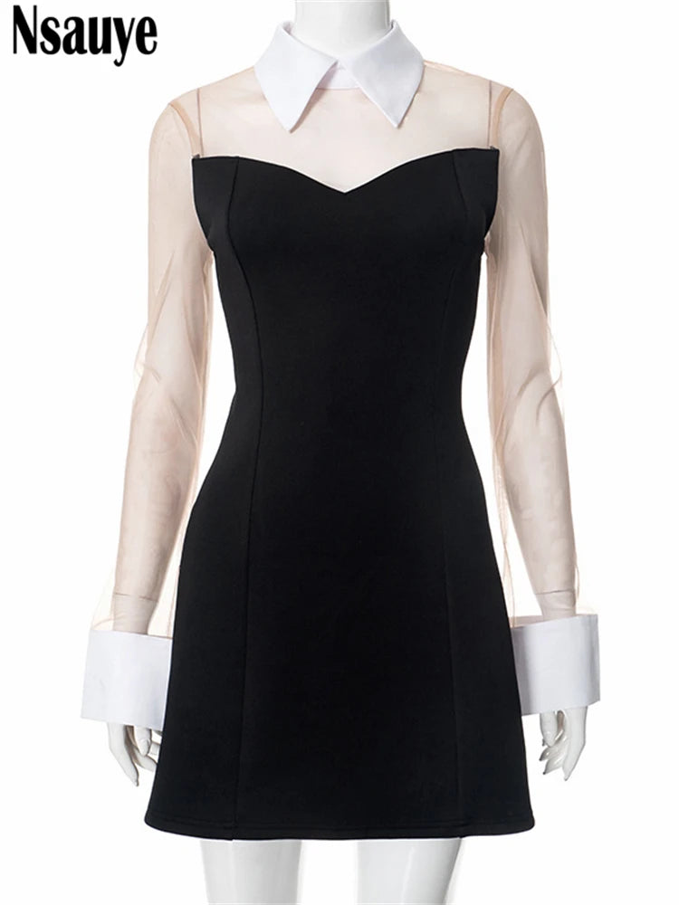 Nsauye Pullover Women Sexy Mesh See Through Turn Down Collar Night Club Dress Evening Party Summer Short Elegant Fashion Dress