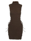 Kliou Stunning Stacked Mini Dress Women Sexy Solid Mock Neck Sleeveless Draw String Bodycon Party Clubwear Elegant Female Skirt