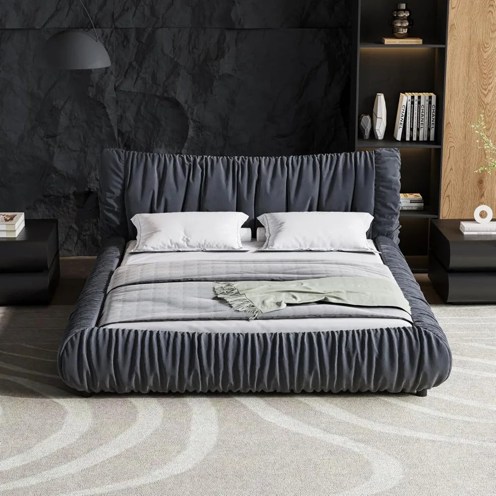 King Size Upholstered Platform Bed with Oversized Padded Backrest Headboard, Luxury Soft Cloud Bed Frame for Bedroom