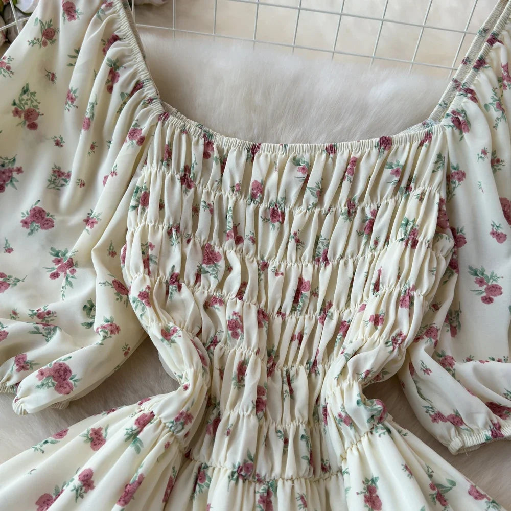 2024 New Summer Flower Print Long Dress Women Vintage Square Neck Ruched Chest Sash Bandage Sundress Party Vestidos