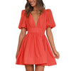Women Summer Casual A-line Dress Solid Color Deep V-Neck Short Puff Sleeve Mini Dress Fashion Party Short Dress