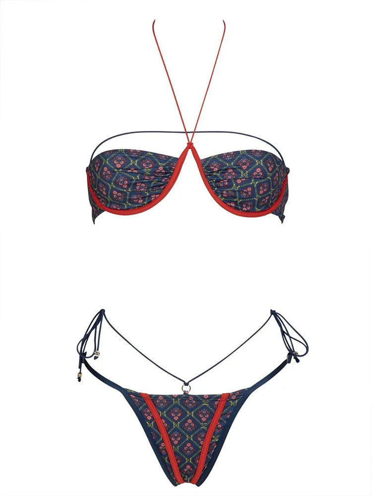 Sexy Print Laced Up Bikini 2 Piece Set Women Split Swimsuit High Waist Beach Backless Bikini 2025 New Summer Swimwear Bikini Set