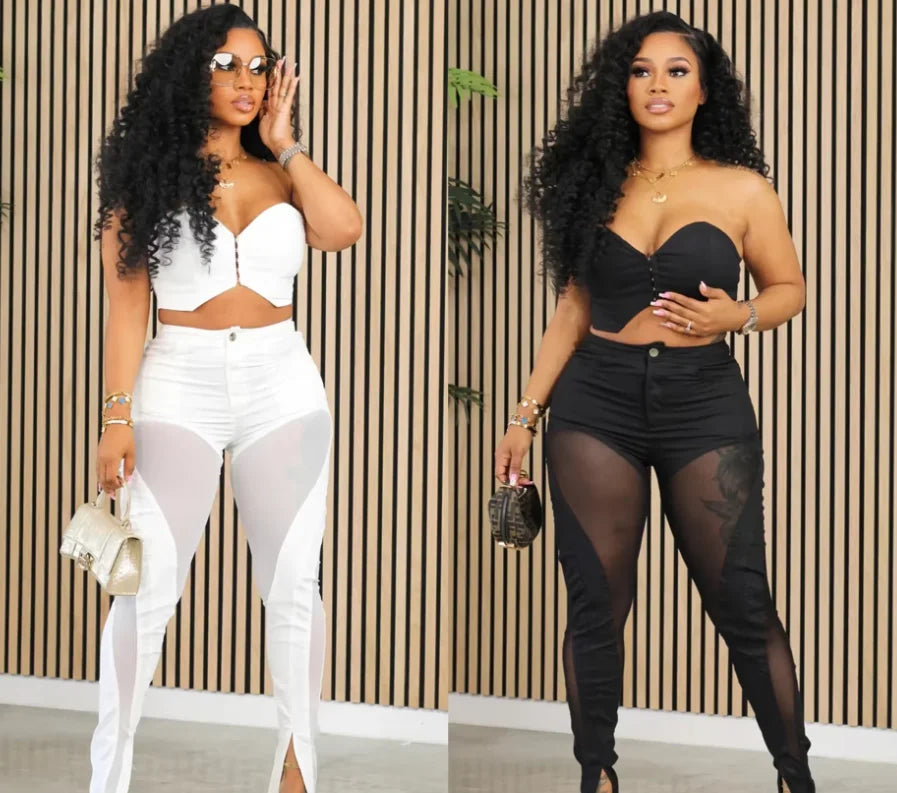 Fashion Women's Set Tunic Crop Top and Flare Slit Hem Mesh Patchwork Pants 2024 Street Two 2 Piece Sets Outfit Tracksuit