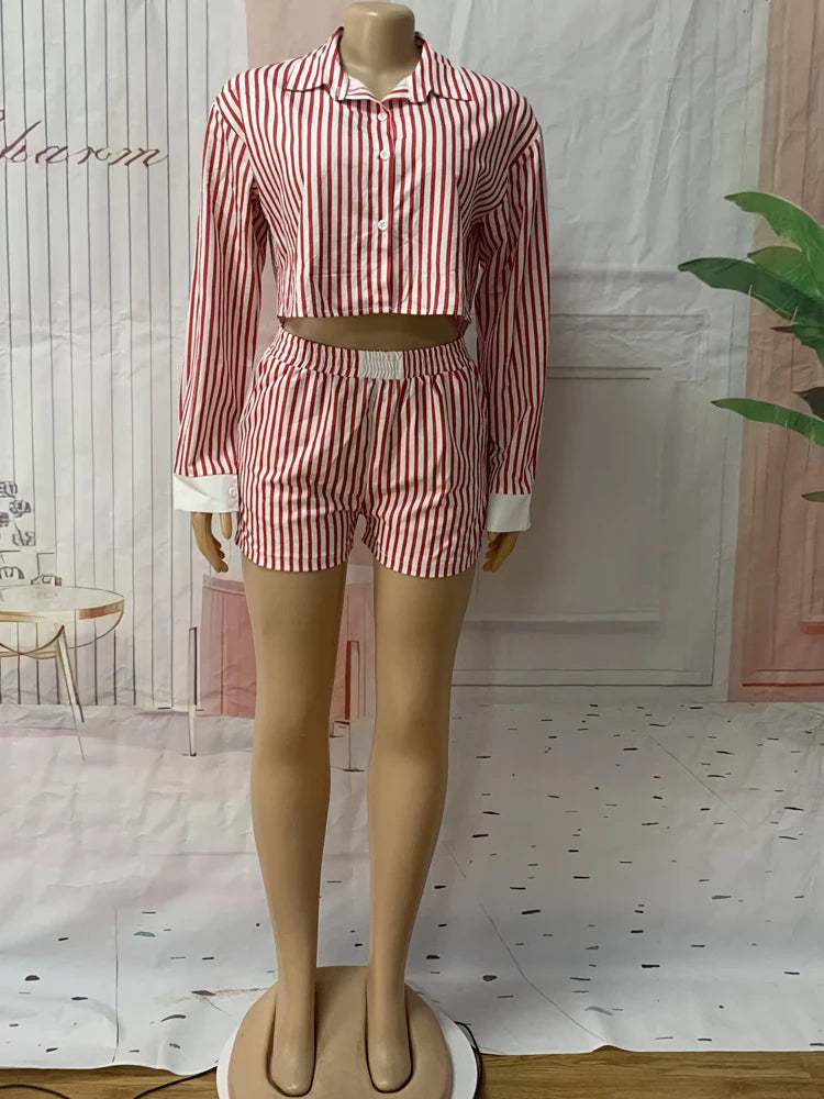Beyprern Women's Red Striped Blouse Shirt Top And Matching Shorts Set Summer Tracksuits Set 2 Piece Outfits Workout Overalls