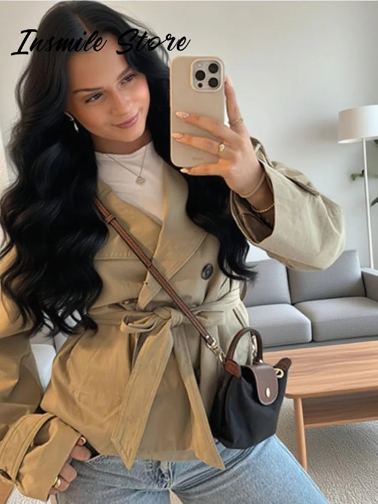 Fashion Belt Short Trench Coat Women Stand Collar Double Breasted Pocket Long Sleeve Coats 2025 Autumn Lady Commute Chic Outwear