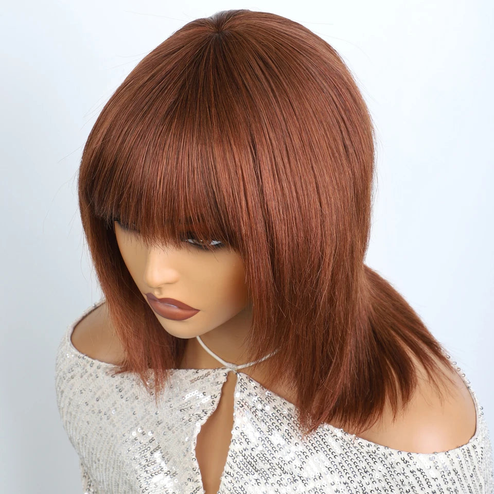 Lekker 12" Short Brown Wolf Cut Straight Bob Human Hair Wigs With Bangs For Women Brazilian Remy Hair Ready to Wear Glueless Wig