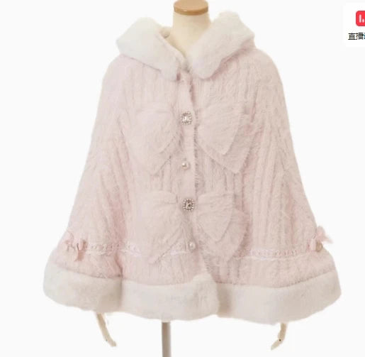 Japanese Liz Sweet Princess Faux Rabbit Fur Cape Coat Women Autumn Winter Fur Jacket Loose Clock Rhinestone Bow Hooded Coat