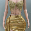 Gold Color Women Sexy 2 Pieces Strapless Bodycon Mini Dress Bar Singer Nightclub Party Celebrate Birthday Dress Wholesale