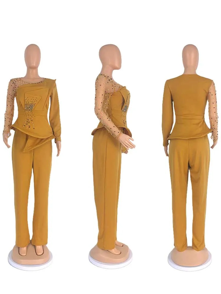 Spring 2 Pieces Set for Woman Pearl Top with Sleeves Pants Suit Women Outfit Elegant Classy Evening Wholesale Dropshipping