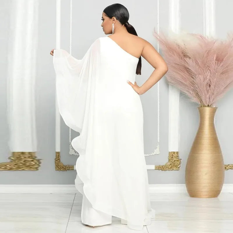 Sexy Chic Women One Shoulder Jumpsuit Chiffon Long Sleeve Prom Party Clothes Designer One Piece Ruffles Rompers 2023