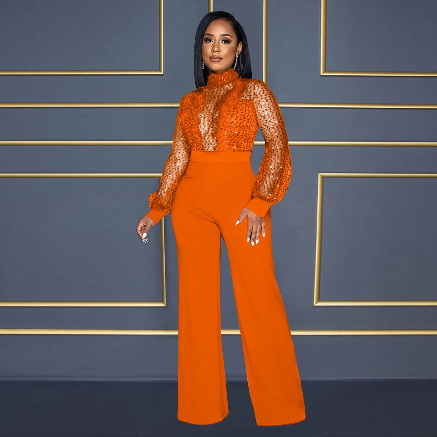 Fashion Women's Clothing Hollow Long-sleeved Loose Wide Leg Jumpsuits Overall Pants Solid Color Sexy Lace