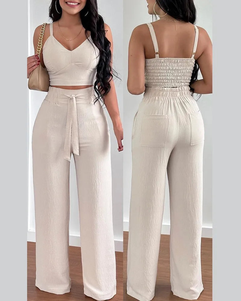 Women Fashion Print Halter V-Neck Short Tank Suit Tops Long Pants Matching Set Summer Casual Female Slim Pants Two Piece Sets
