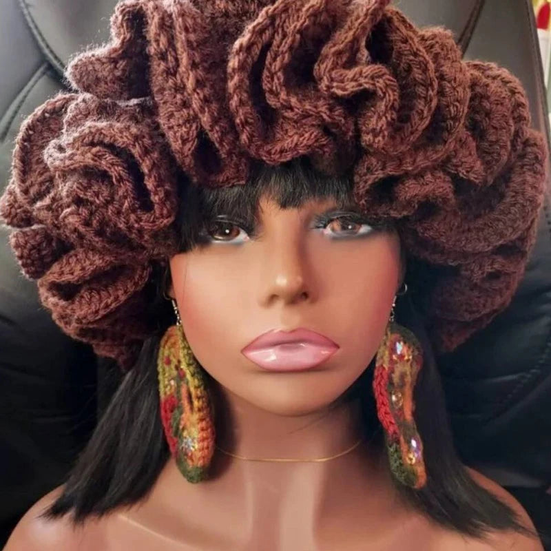 Handmade knitted hat with pleated ruffle edges and lace for both men and women, quirky and creative adult hat