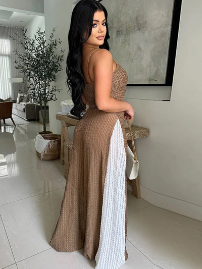 Beyprern Women's Patchwork Spaghetti Straps Knitted Wide Legs Jumpsuits One Piece Outfits Night Clubwear Female Workout Overalls