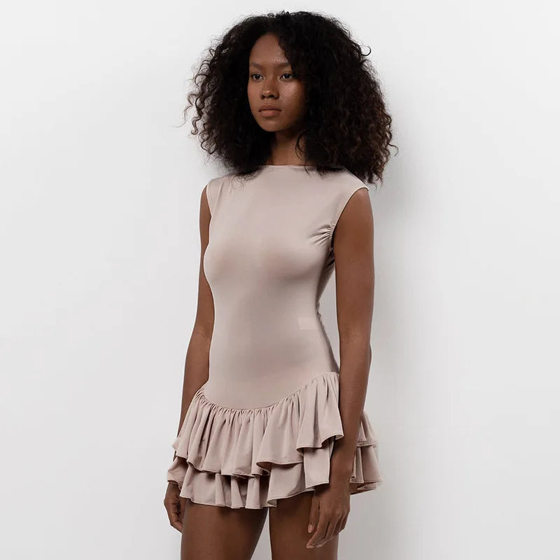 Women's Solid Pleated Short Dress Sleeveless O-neck Fashion Elegant Simple Mini Bodycon Dresses Slim Street Casual Party Holiday