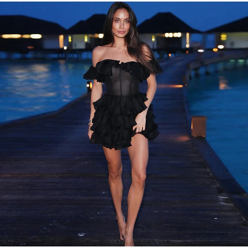 Chic Off-Shoulder Flounce Mesh Dress Woman Transparent Solid Color Layered Short Dresses Sexy Beach Vacation Women's Mini Dress