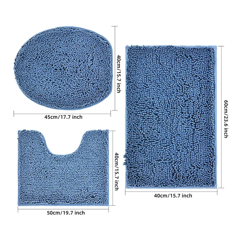 3-piece bathroom chenille floor mat, absorbent anti slip bathroom carpet, bathroom U-shaped foot mat, toilet lid, TPR anti slip