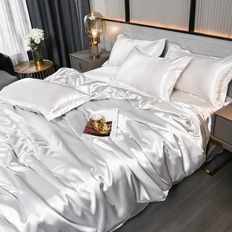 Nordic Satin Silk Bedding Set with Duvet Cover Bed Sheet Pillowcases Luxury Solid Single Double Couple Pillow Case Bedsheet