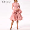 TWOTWINSTYLE Women's Dress Irregular Pleated Patchwork Fashion Long Lantern Sleeve Waist Cinching Mini Dresses 2024 New Clothing