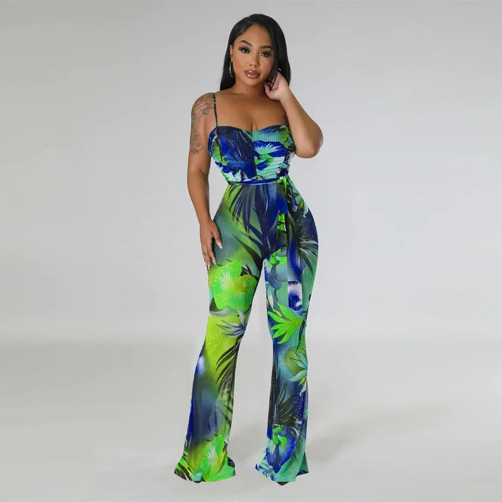 Floral Printed Jumpsuits Summer Outfits for Women 2024 Clubwear Spaghetti Strap Skinny One Pieces Romper Summer Beach Wear