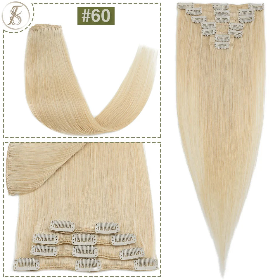 TESS 7Pcs/Set Human Hair Clip In Hair Extensions Natural Extension 14"-24" Full Head Blonde Human Hair Clip Ins Remy Hair Pieces
