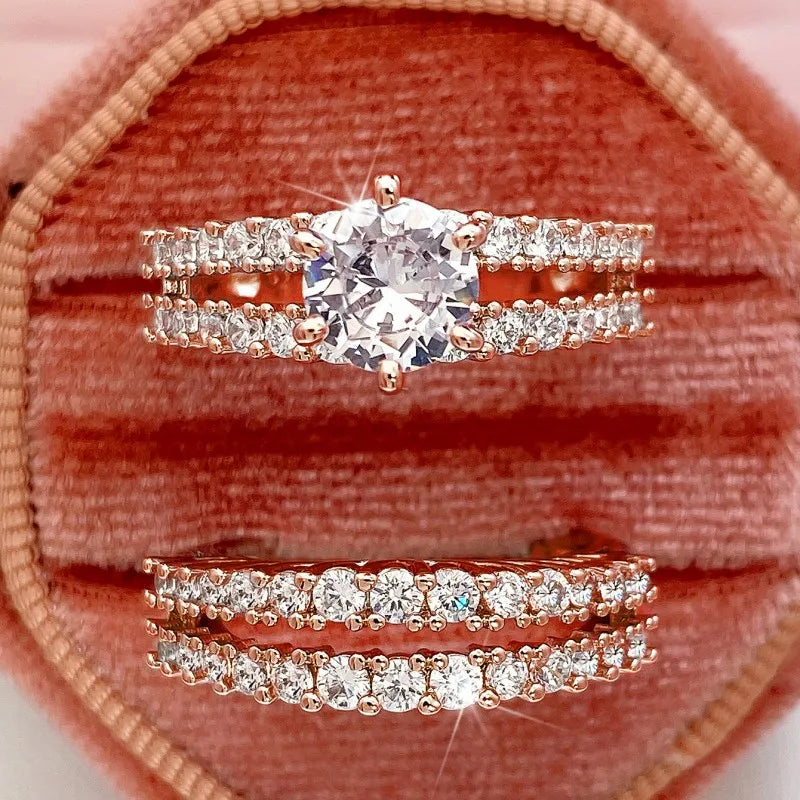 Huitan Trendy Hollow Set Rings Full Bling Iced Out CZ Stone Luxury Women Wedding Engagement Rings 2Pcs Set Jewelry Drop Shipping