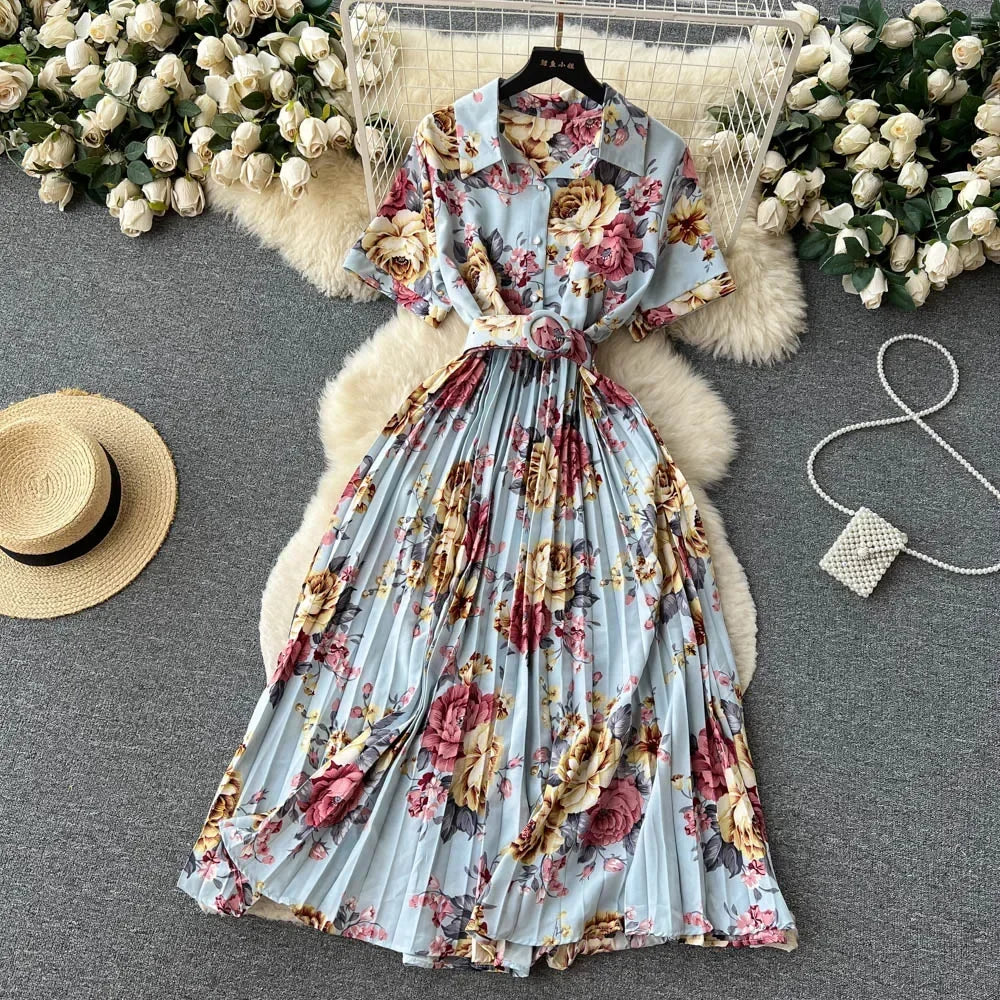 2024 Summer Women Floral Pleated Dress Vintage Turn-Down Collar Short Sleeve Single Breasted Printed Draped Midi Vestidos New