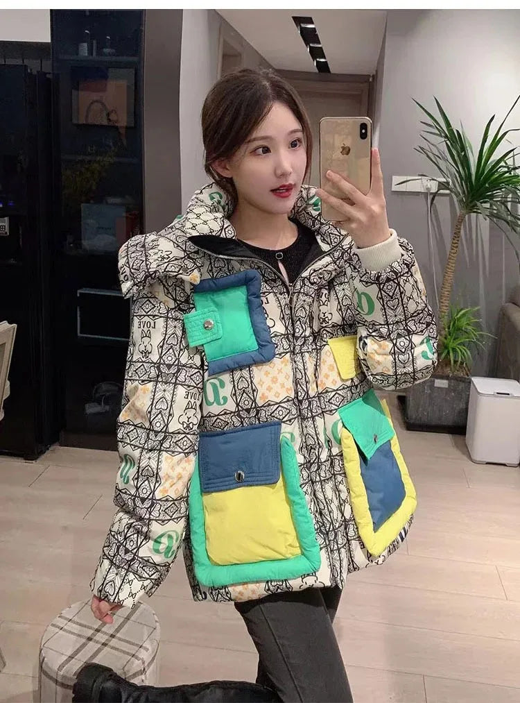 2023 European Station Winter New Down Jacket Women's Warm Fashion Short Color Patchwork Graffiti thick White Duck Down Coa