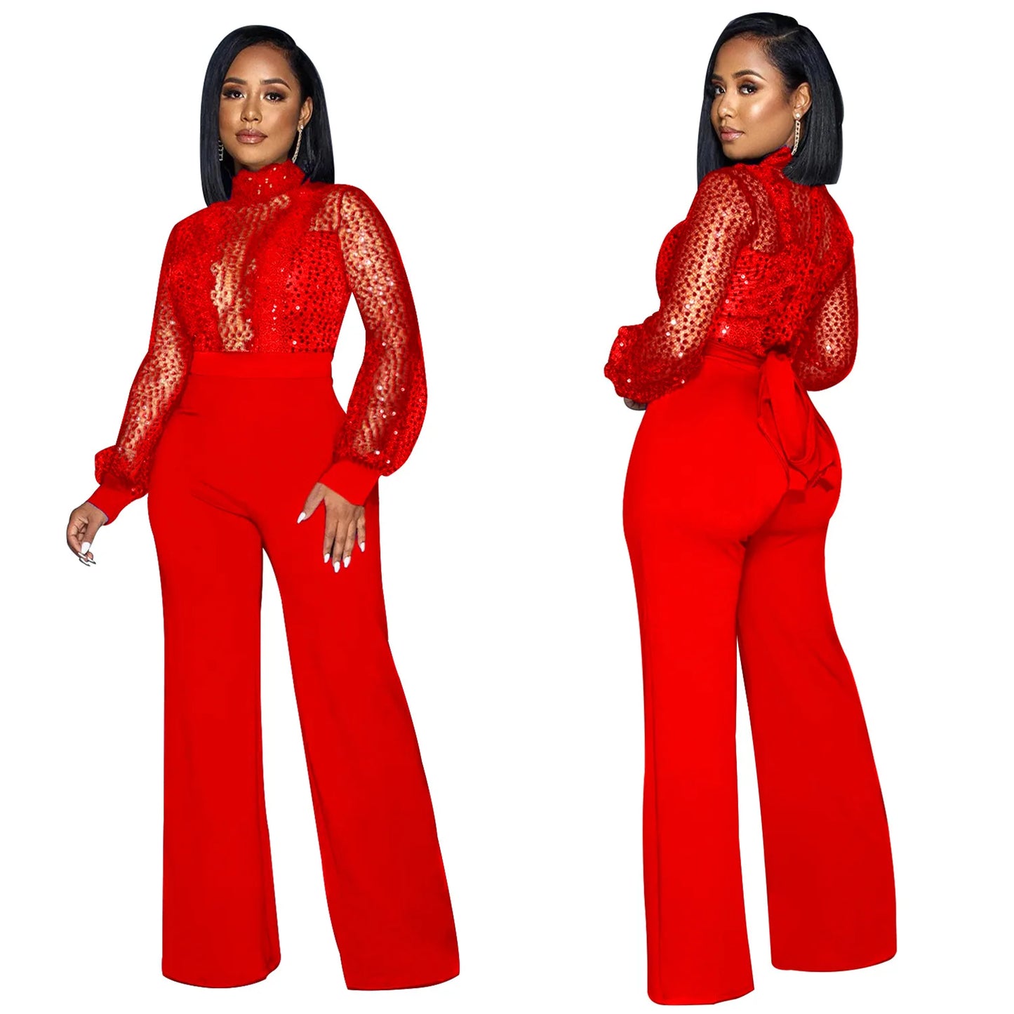 Fashion Women's Clothing Hollow Long-sleeved Loose Wide Leg Jumpsuits Overall Pants Solid Color Sexy Lace