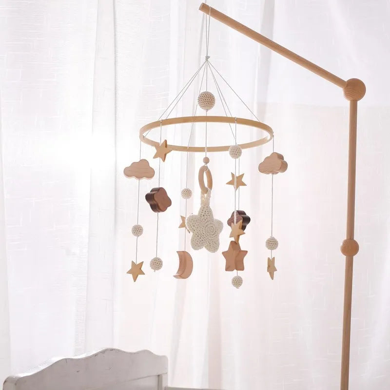 Baby Crib Mobile Bed Bell Rattle Toys Wooden Crochet Stars Pendant Bed Bell Toys Newborn Comfort Crib Bracket Hanging Toys Gifts