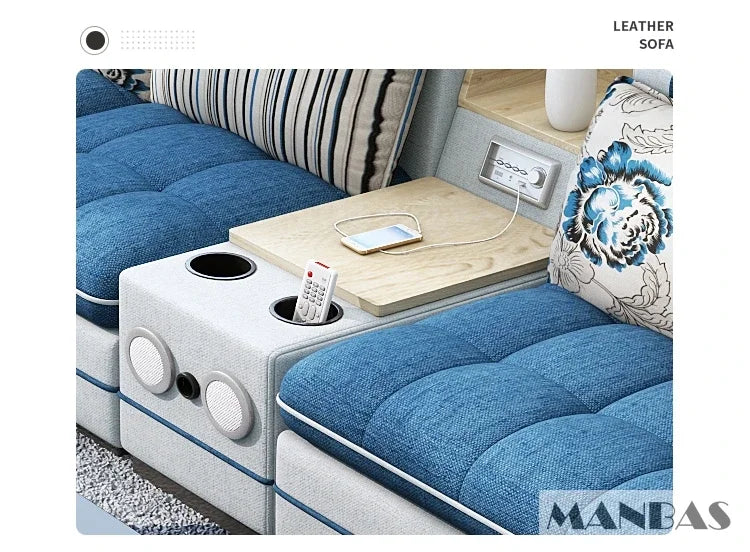MINGDIBAO Nordic Fabric Sofa Set with Bluetooth Speaker & USB - Modern Living Room Modular Sofas Big U Shape Corner Cloth Couch