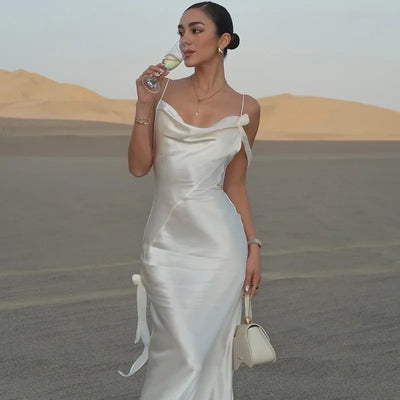 Sexy Ladies Lace Satin Dress Fashionable Elegant Backless Long Skirt 2025 New Party Evening Dress Dress Beach Vacation Style